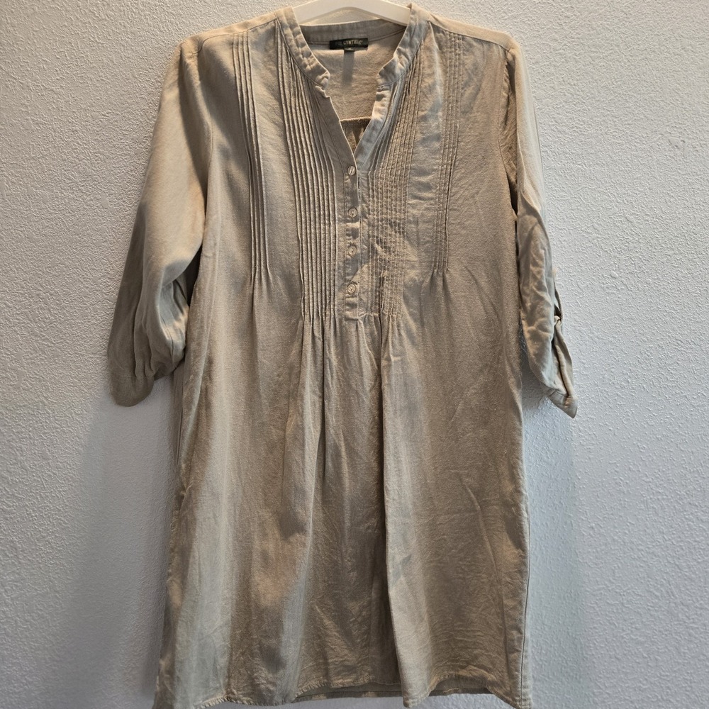For Cynthia Women's Beige Linen Blend Tunic Dress Roll‎ Tab Sleeve Size M
